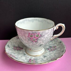 VTG Tuscan English Bone China Tea Cup & Saucer Pink Floral Grey Leaf Chintz
